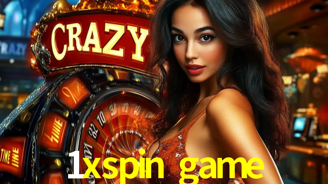 Mulher glamourosa olhando para a câmera com a roda vermelha do Crazy Time ao fundo em um ambiente de cassino, destacando a emoção dos jogos ao vivo no 1xspin game.